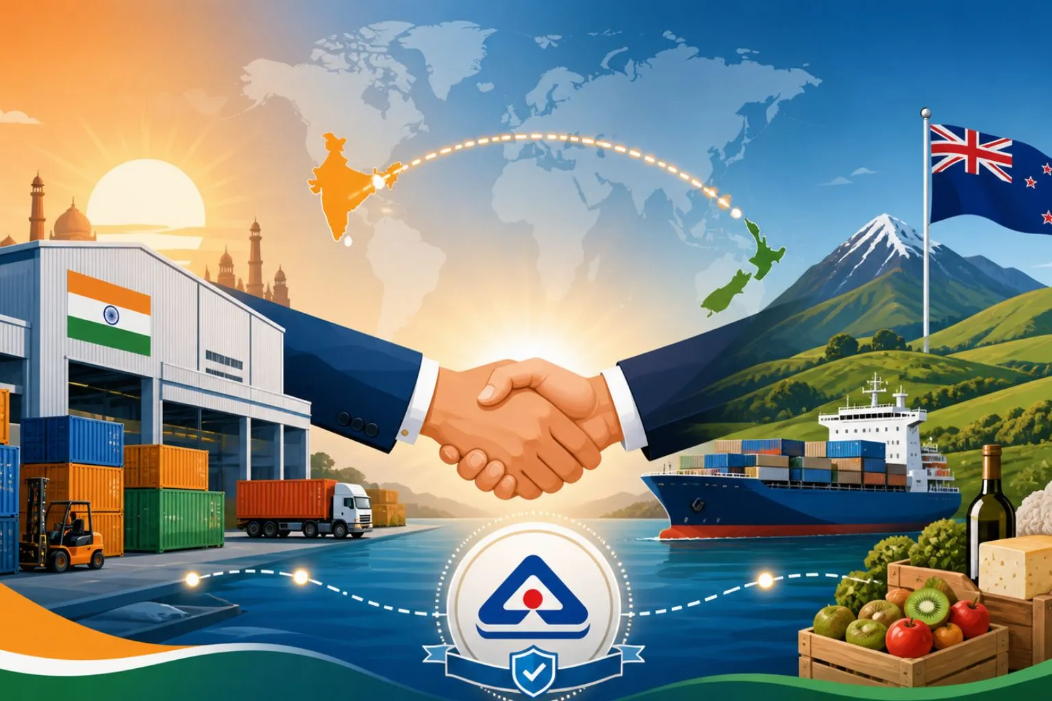 Split illustration of India–New Zealand trade partnership with handshake, cargo shipping, and BIS certification symbol.