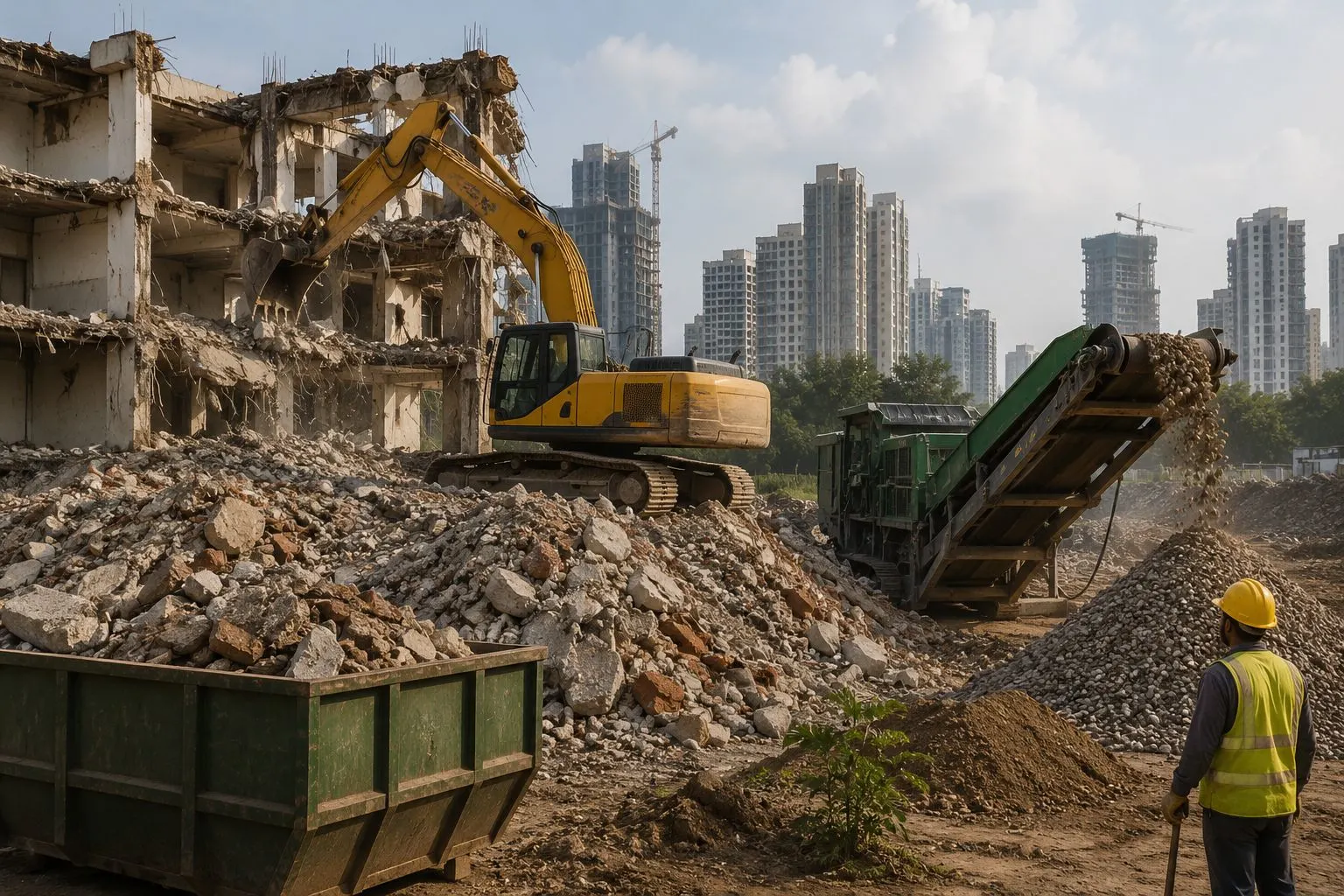Construction and demolition waste recycling site in India with excavators, rubble processing equipment, and urban buildings in the background.