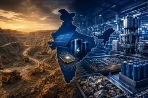 India’s critical minerals strategy illustrated through mining, advanced battery technology, and semiconductor manufacturing.