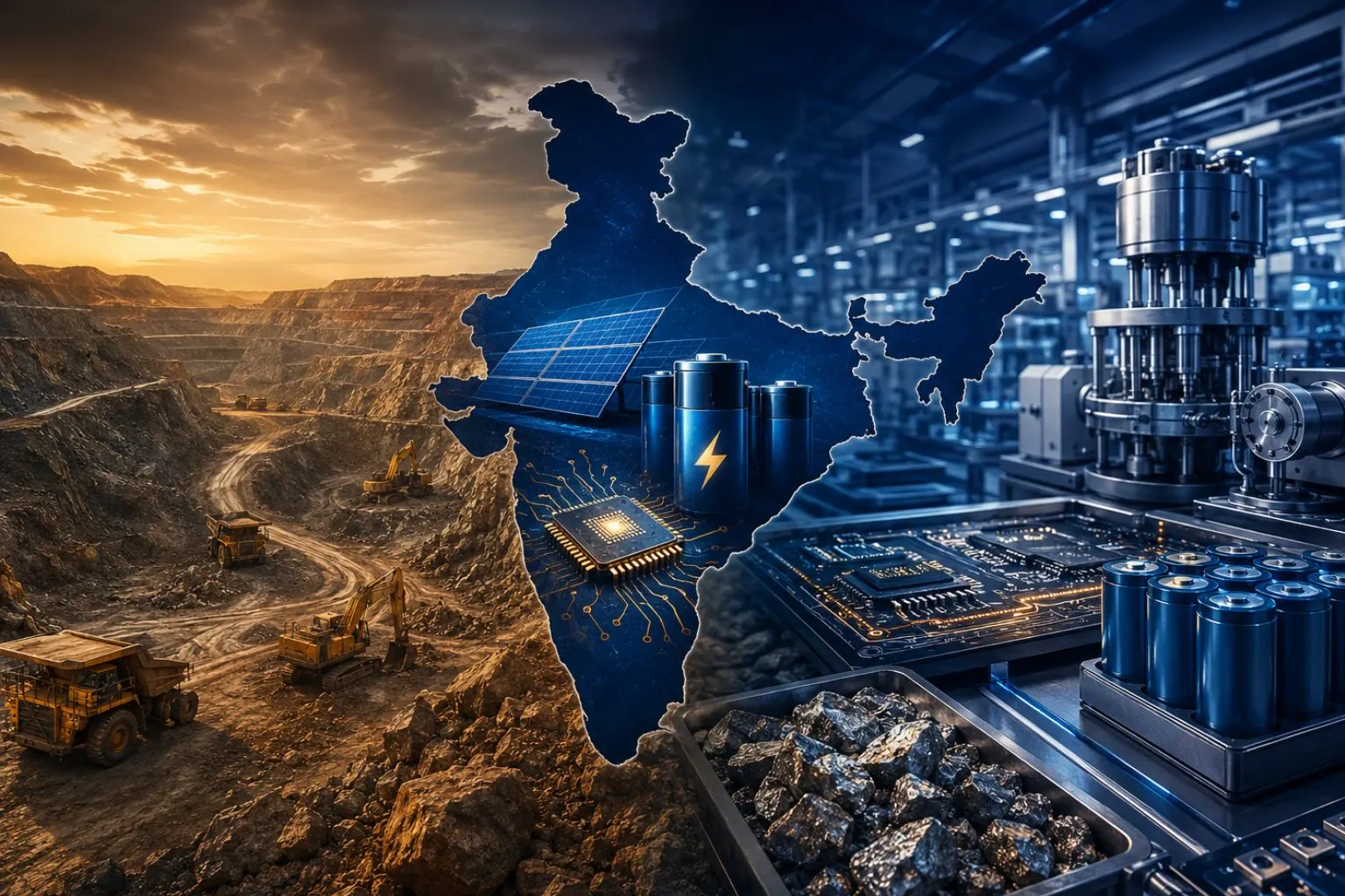 India’s critical minerals strategy illustrated through mining, advanced battery technology, and semiconductor manufacturing.