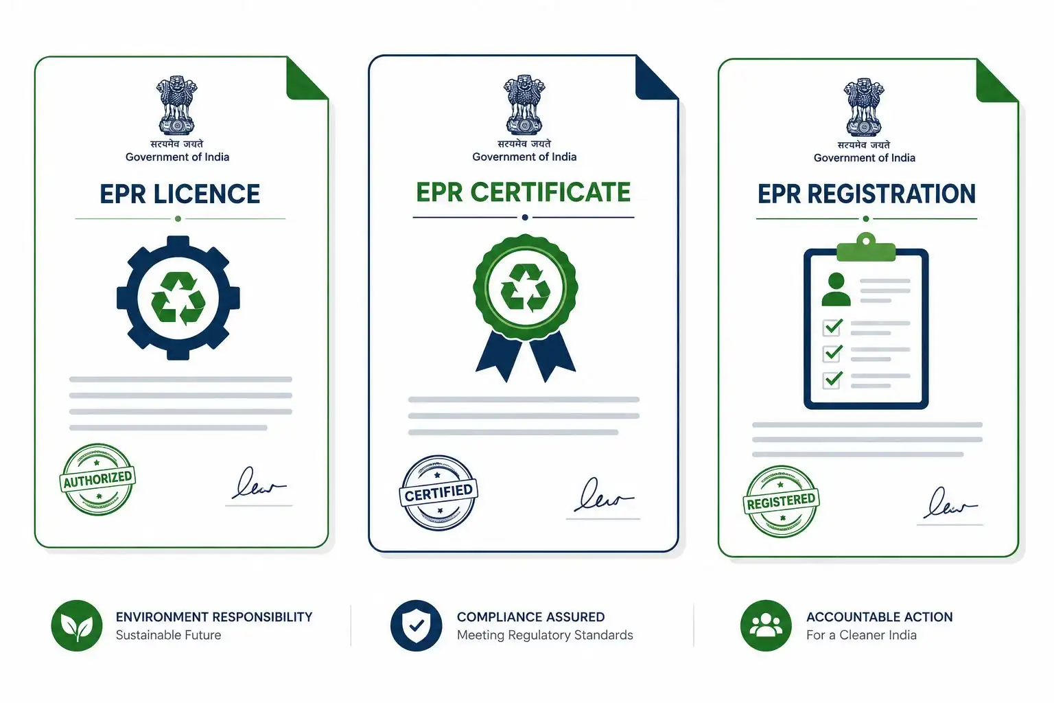 Illustration of three official documents side by side — labelled 'EPR Licence', 'EPR Certificate', and 'EPR Registration'