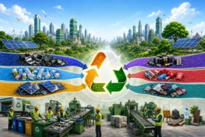 India circular economy infographic with recycling loop and waste streams.