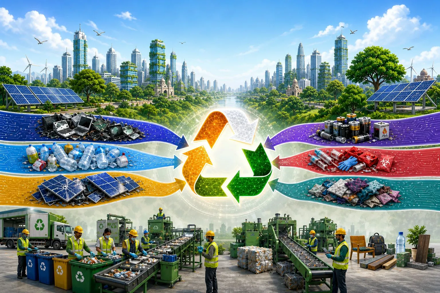 India circular economy infographic with recycling loop and waste streams.