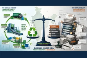 India plastic waste management illustration showing recycling, sustainability, and compliance regulations.