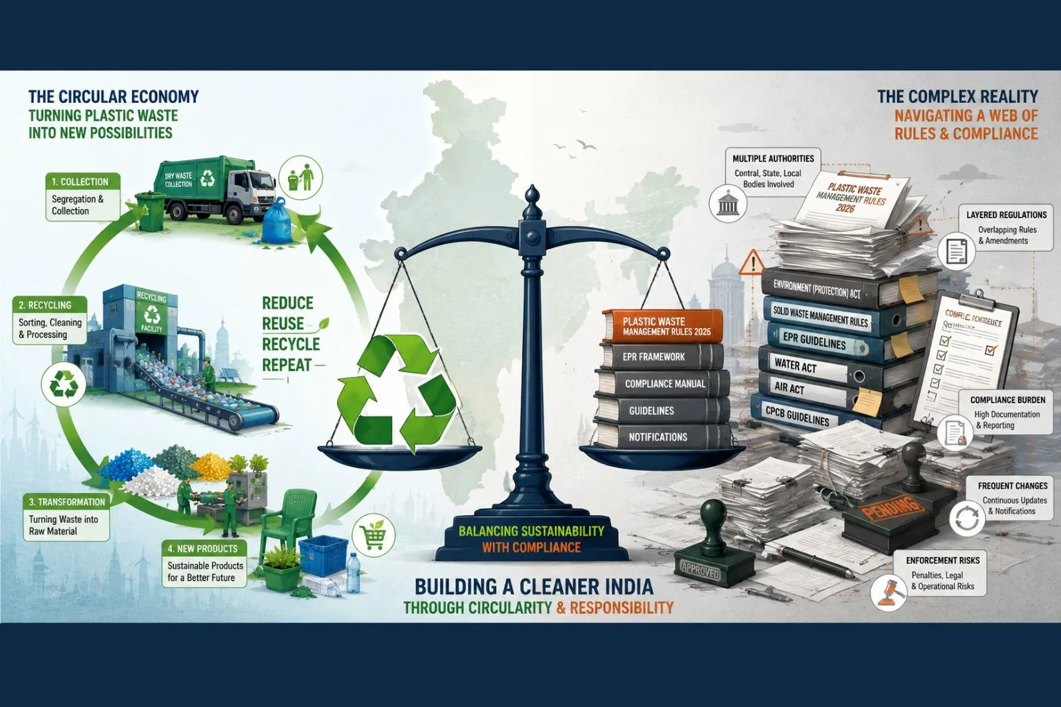 India plastic waste management illustration showing recycling, sustainability, and compliance regulations.