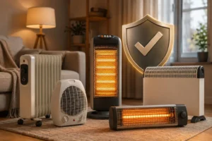 Room heaters displayed in a modern living room with a safety certification shield, highlighting heating appliance quality and compliance standards.