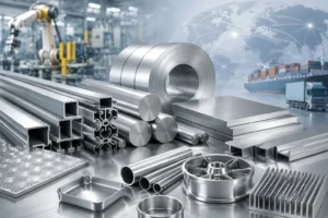 Aluminium sheets, coils, rods, and extrusions in a modern industrial manufacturing facility.