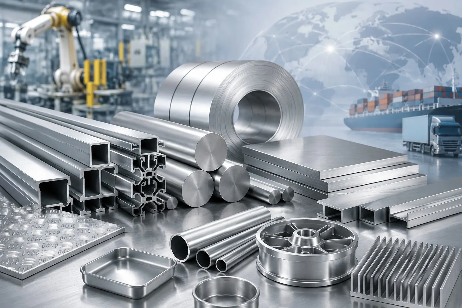 Aluminium sheets, coils, rods, and extrusions in a modern industrial manufacturing facility.