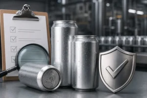 Aluminium beverage cans with quality compliance inspection setup.