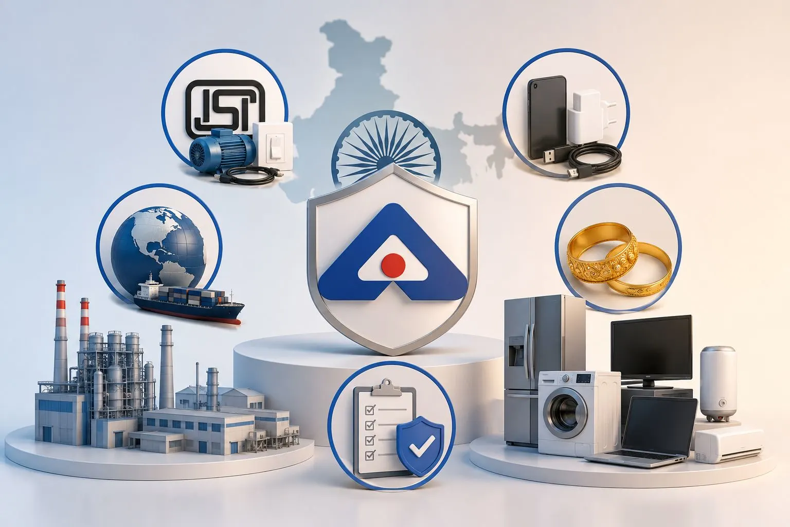 BIS certification schemes represented through electronics, industrial products, jewellery, and compliance standards in India.