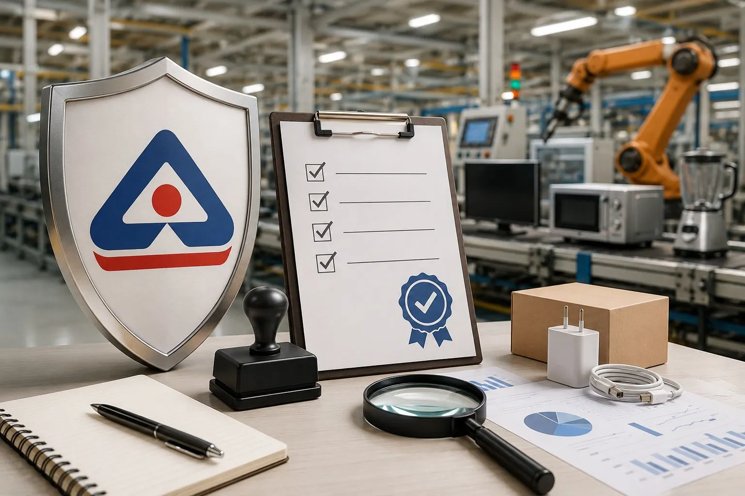Manufacturing quality inspection and certification process in a modern factory.