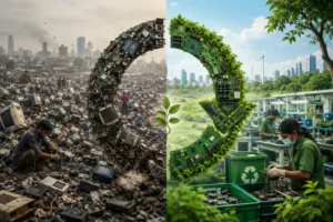 E-waste dump and modern recycling facility representing India's circular economy transition.