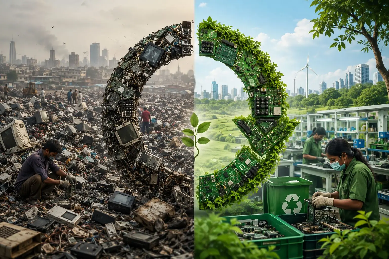 E-waste dump and modern recycling facility representing India's circular economy transition.