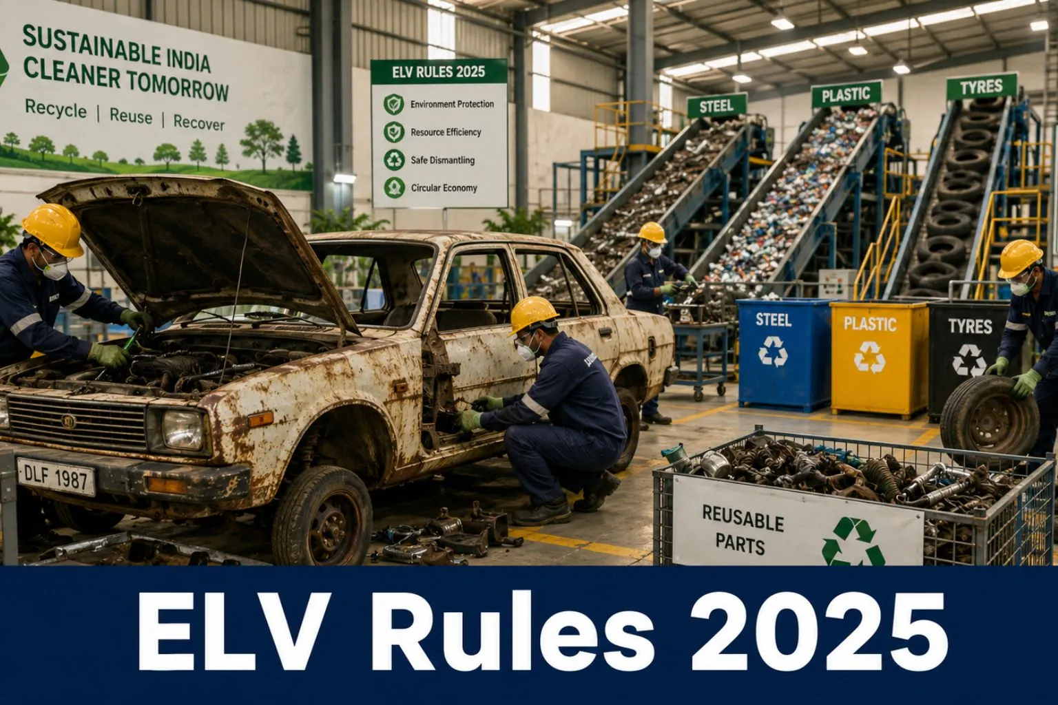 ELV Rules 2025 vehicle scrapping facility illustration with rusted car and recycling process in India