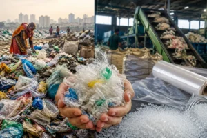Flexible plastic waste and LDPE film recycling in India, showing collected plastic waste, recycling operations, and recycled plastic pellets at a processing facility.