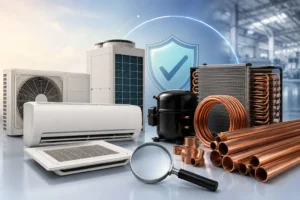 Copper pipes and HVAC refrigeration components in an industrial setting.