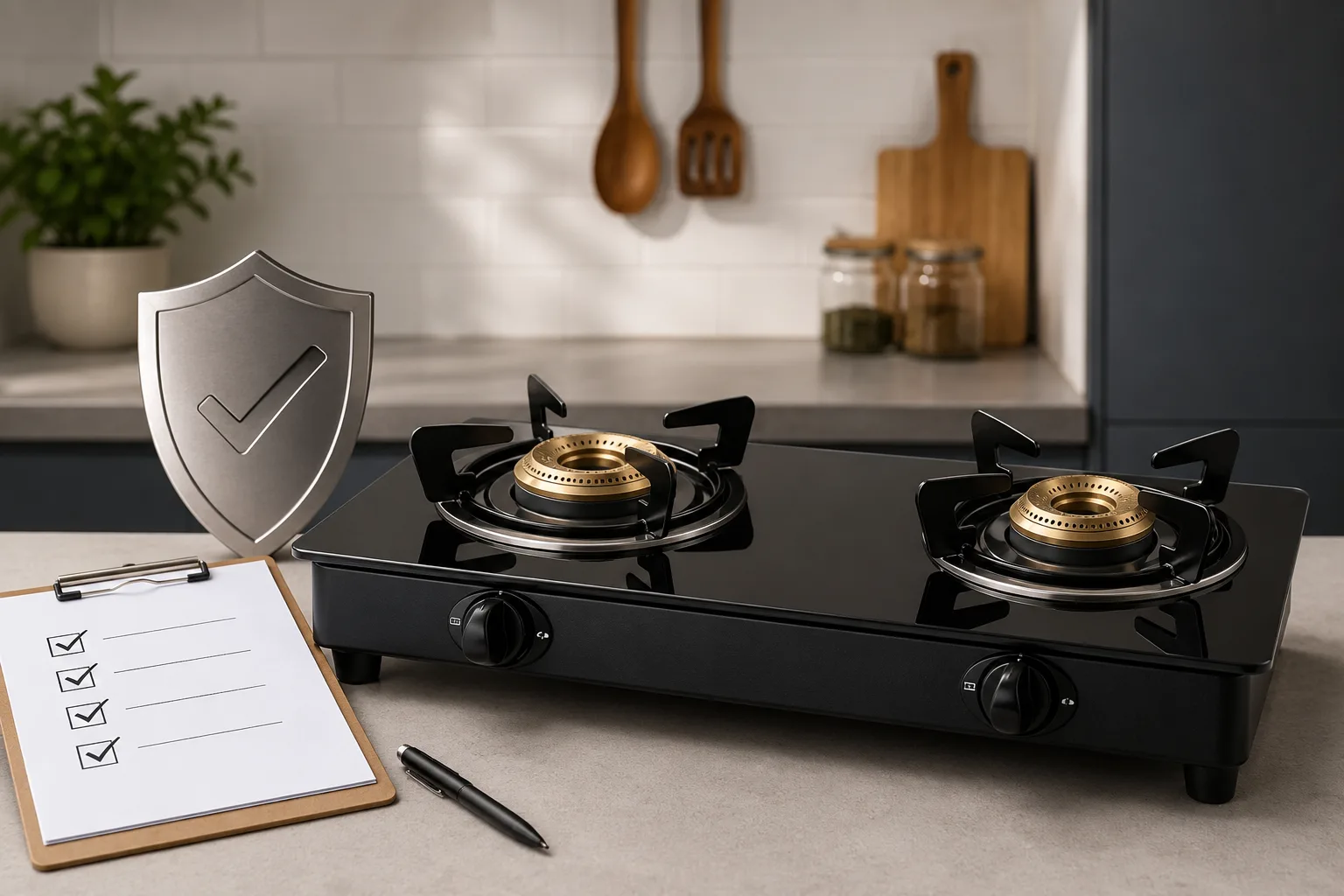 Domestic LPG gas stove with safety compliance concept.