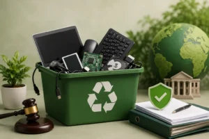 E-waste recycling and CPCB compliance concept with electronic devices.