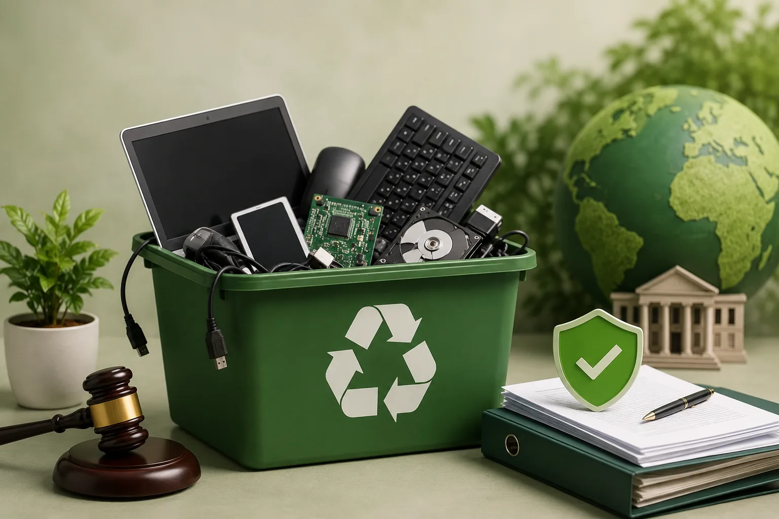 E-waste recycling and CPCB compliance concept with electronic devices.