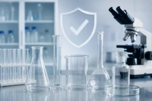 Laboratory glassware in a modern testing laboratory.