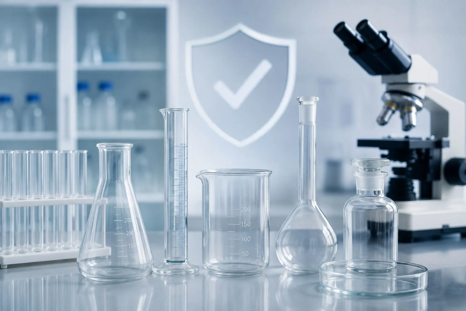 Laboratory glassware in a modern testing laboratory.